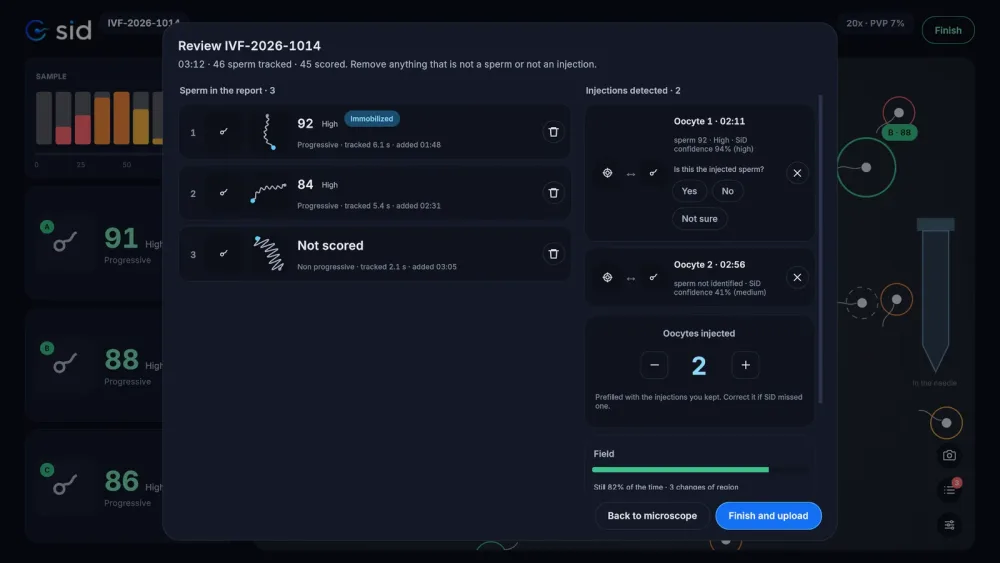 SiD review screen with selected sperm and detected injections